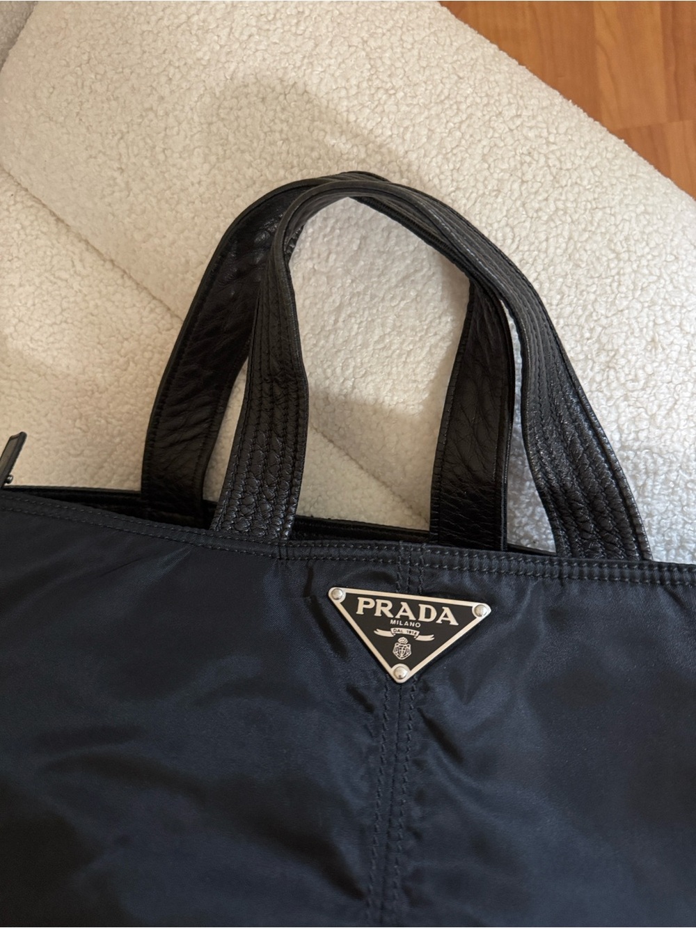 Vintage Prada Triangle Logo Tessuto Nylon Tote with Leather Handles Black - Picture 7 of 9
